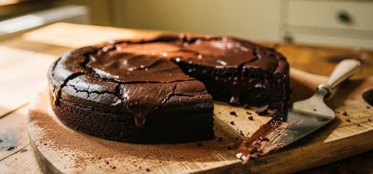 Färsk kladdkaka med kladdig konsistens på träskärbräda, uppskuren så att den klibbiga mitten syns