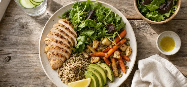 Stabilt blodsocker Balanserad lunchtallrik med kyckling, gröna blad, rotfrukter och quinoa på lantligt köksbord