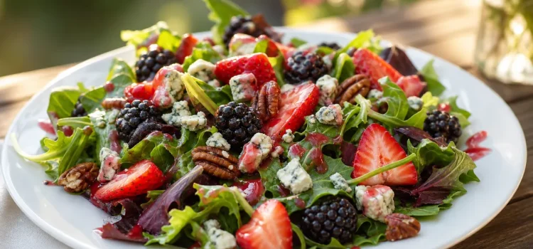Bärig sommarsallad med ädelost, jordgubbar och björnbär