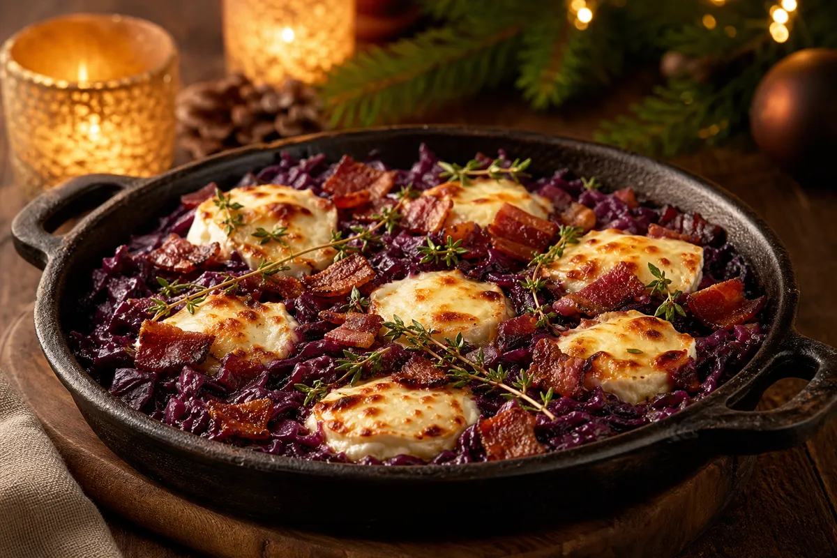 Grön jul med chèvregratinerad rödkål och vegetarisk bacon