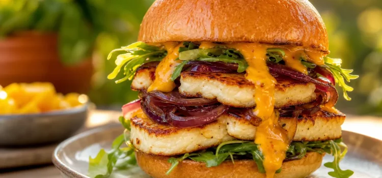 Halloumiburgare med karamelliserad rödlök och mangodressing