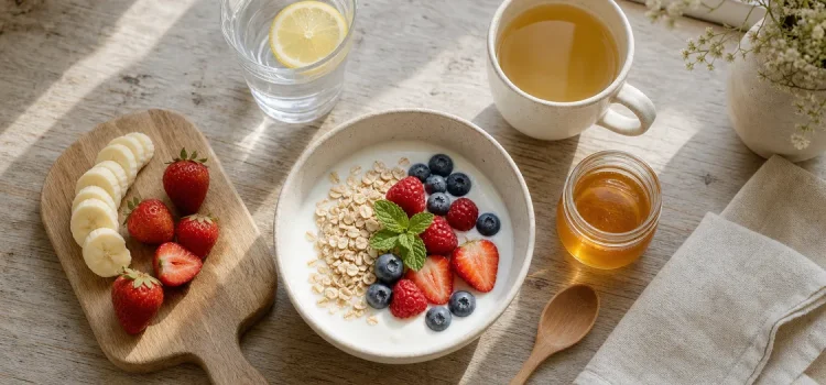 Frukostbord med yoghurt, bär, havre och örtte på lantligt köksbord i mjukt morgonljus