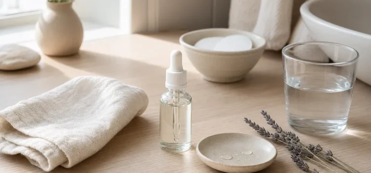 Hudvårdsserum i klar glasflaska med dropper på lantligt badrumsbord i mjukt morgonljus