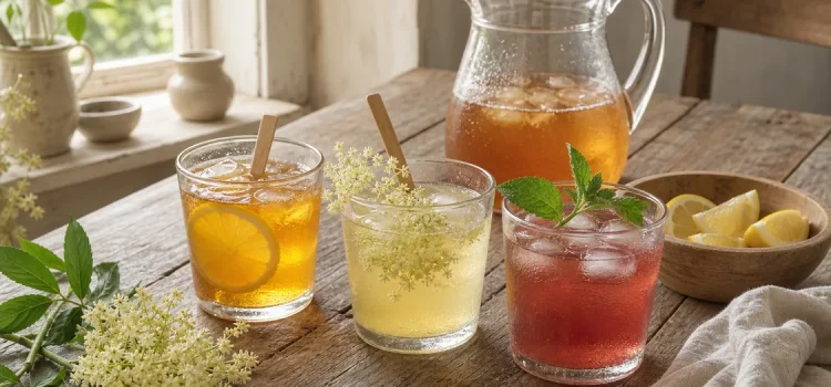 Hemlagad iste Tre glas hemlagad iste i olika färger med citron, fläderblom och mynta på lantligt köksbord