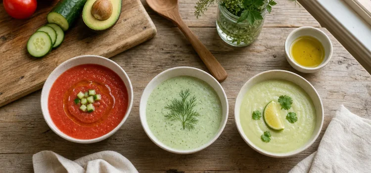 Kall soppa Tre kalla soppor: röd gazpacho, ljus gurksoppa och krämig avokadosoppa på lantligt köksbord