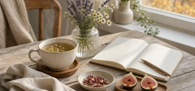 Stilleben med tekopp, journal, lavendel och fikon på lantligt bord i mjukt höstljus