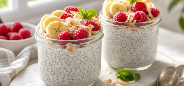 Krämig chiapudding med kokos, banan och hallon Krämig chiapudding med kokos, banan och hallon
