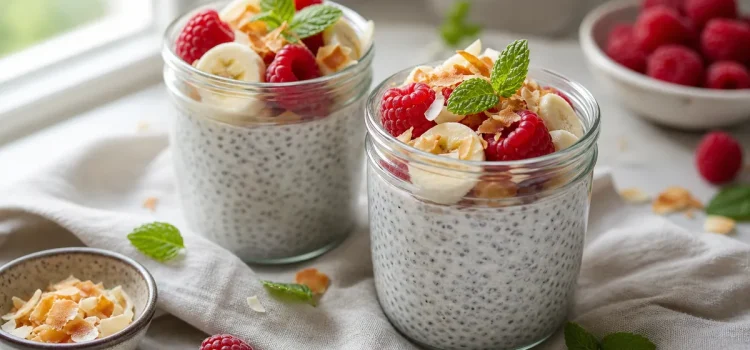 Krämig chiapudding med kokos, banan och hallon Krämig chiapudding med kokos, banan och hallon