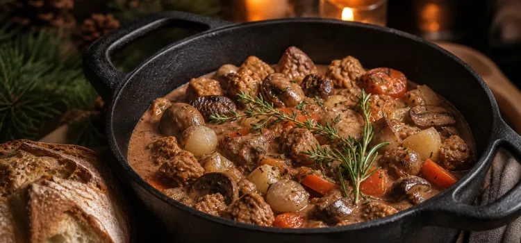 Krämig vegetarisk julgryta med rödvin och champinjoner