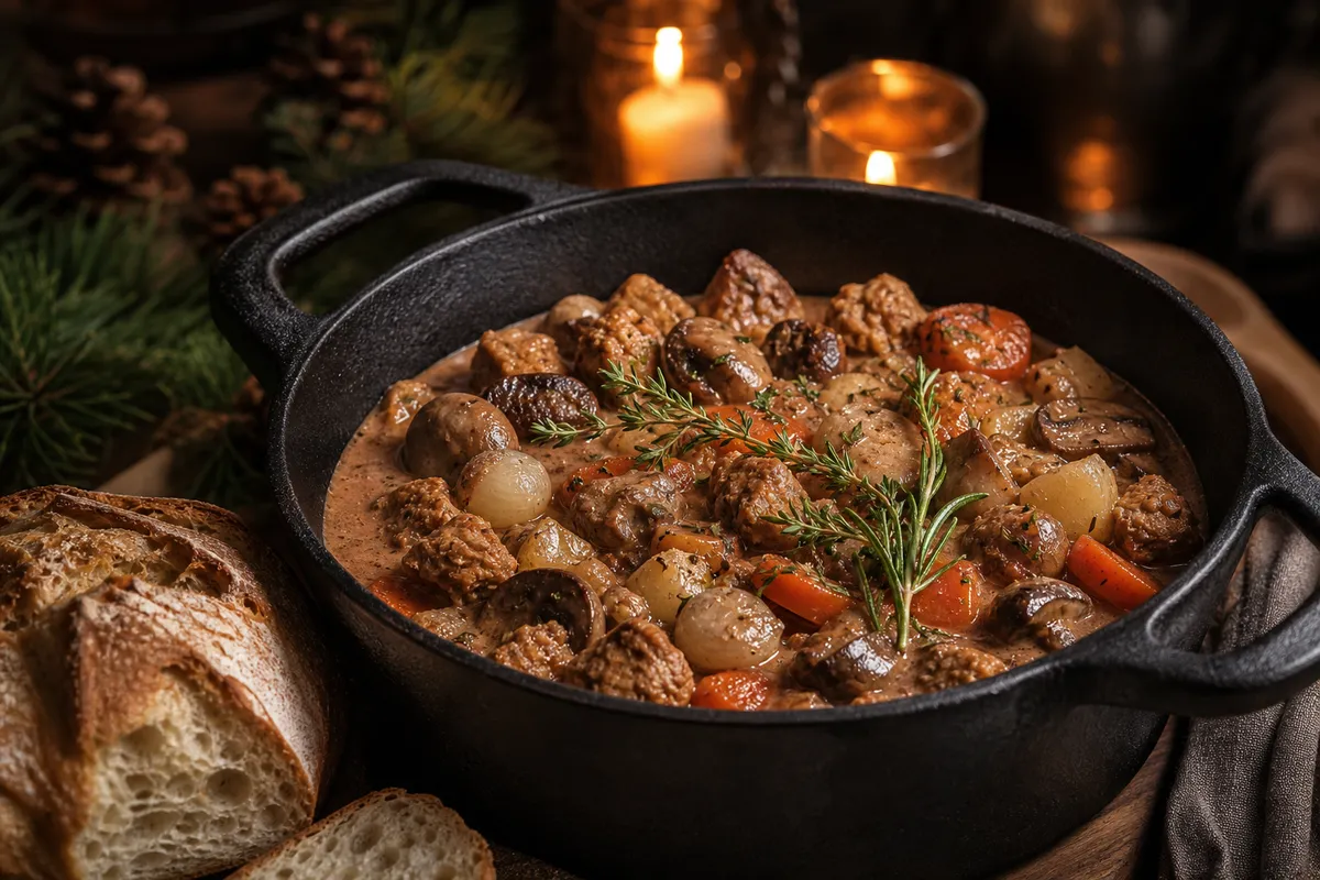 Krämig vegetarisk julgryta med rödvin och champinjoner
