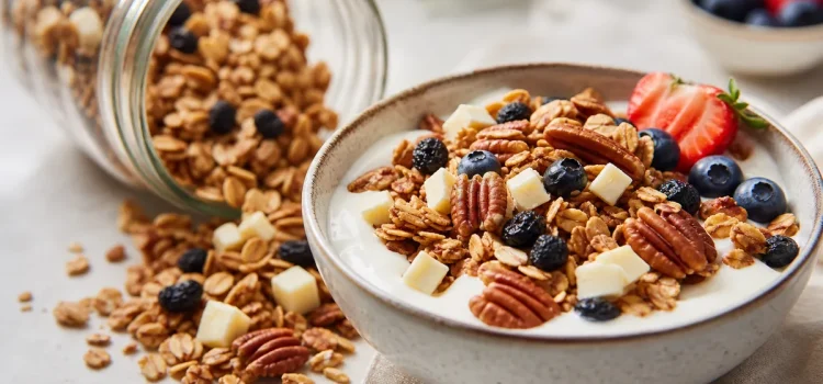Lyxig granola med rostad vit choklad, torkade blåbär och pekannötter Lyxig granola med rostad vit choklad, torkade blåbär och pekannötter