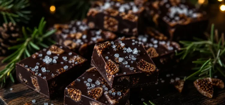 Mörka ischokladpraliner med flagsalt och torkad fikon