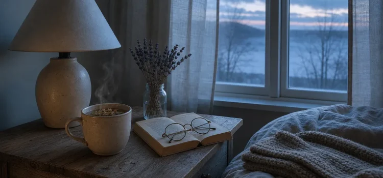 Sängbord med bok, tekopp och lavendel i mjukt blått morgonljus från fönster