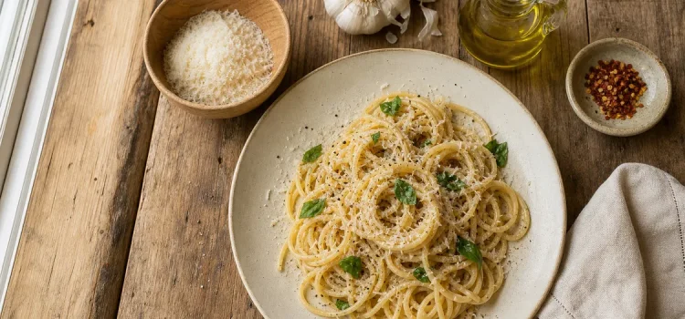 Snabb pasta på en kvart Spaghetti på keramiktallrik med olivolja, vitlök och parmesan på lantligt köksbord