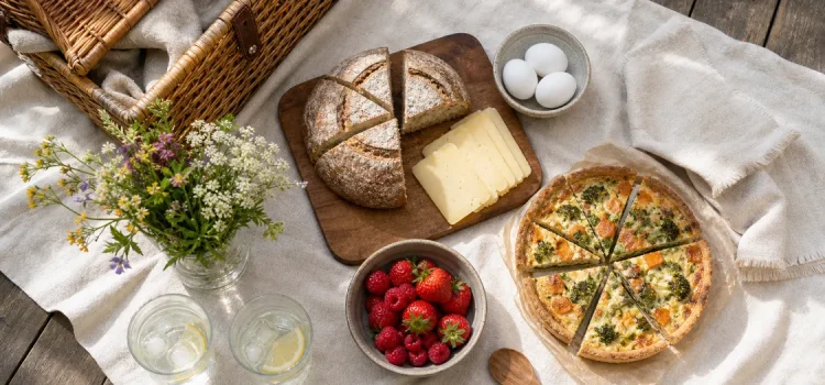 Picknickmat Packad picknick med bröd, ost, ägg, bär och pajbitar på linnefilt i sommarljus