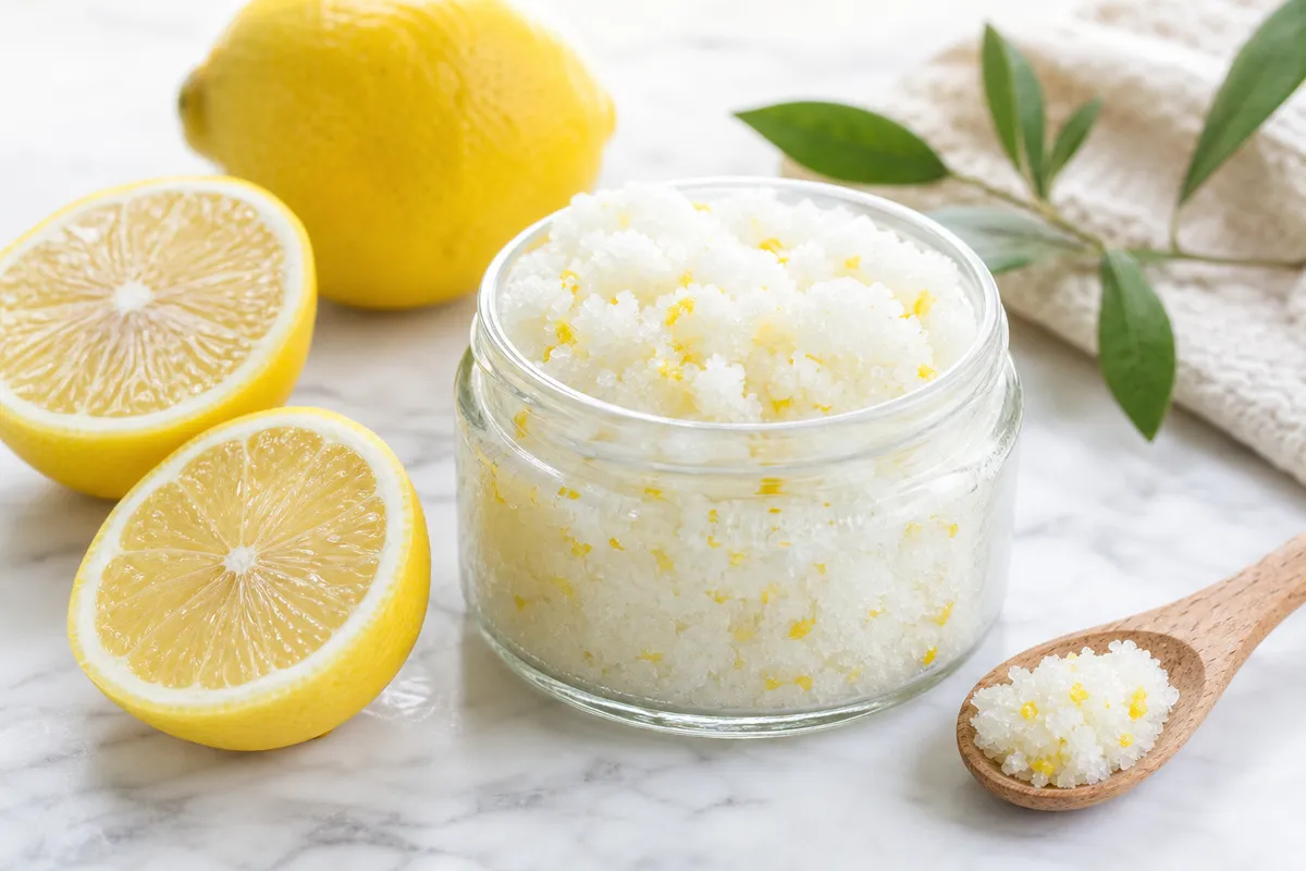 Socker-citronskrubb DIY för silkeslen hud