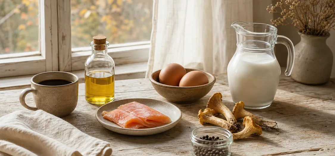 D-vitaminrika livsmedel som lax, ägg, svamp och mjölk på lantligt bord i mjukt höstmorgonljus