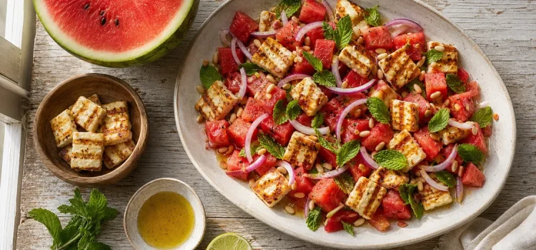 Grillad halloumi med vattenmelon Sallad med grillad halloumi, tärnad vattenmelon, mynta och pinjenötter på lantligt köksbord