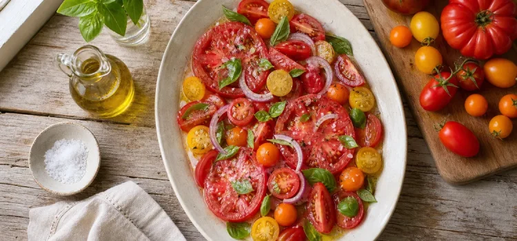Tomatsallad med flera sorters mogna tomater, olivolja, flingsalt och basilika på lantligt köksbord