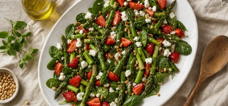 Vårsallad med grön sparris, jordgubbar, fetaost och pinjenötter på vitt fat
