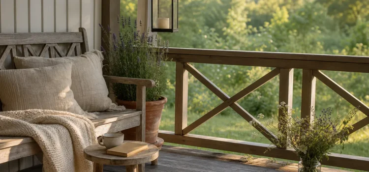 Sommarveranda med träbänk, linnekuddar, lykta och lavendel i mjukt eftermiddagsljus