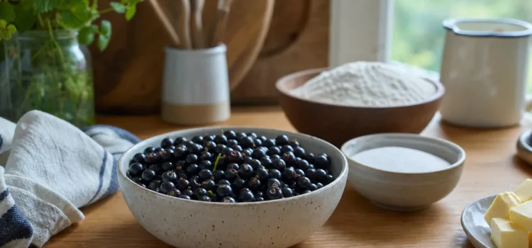 Svarta vinbär har 30 gånger mer C-vitamin än blåbär Färska svarta vinbär i en keramikskål på ett linnedukat bord i sommarsljus