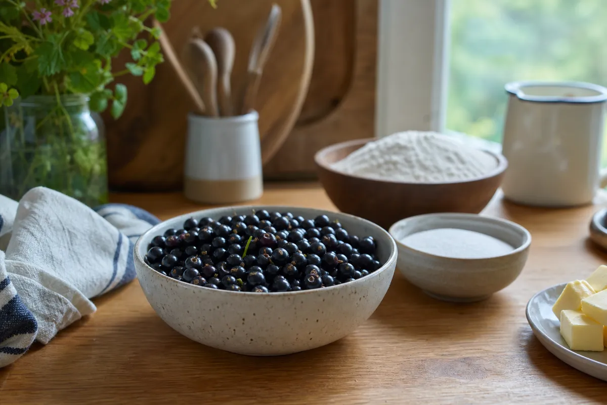 Färska svarta vinbär i en keramikskål på ett linnedukat bord i sommarsljus
