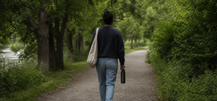 Person går i raskt tempo på en promenadväg en tidig morgon